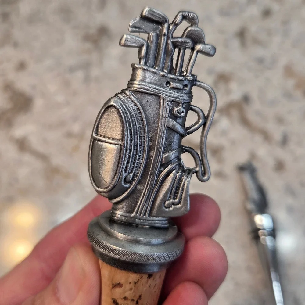 Vintage Golf Wine Bottle Stoppers Set 3 Pewter Tone Golf Ball Bag Sports Decor